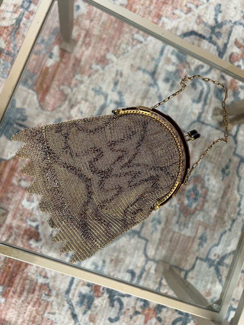 Vintage Gold Link Mesh Purse, Dresden German, Kissing Clasp, Metal Frame